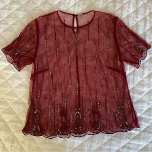 Chan Luu Scalloped Holiday Beaded Top with sequins. Small. Dark cherry red.